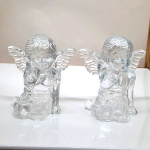 Pair of Clear Glass Cherub Taper Candle Holders